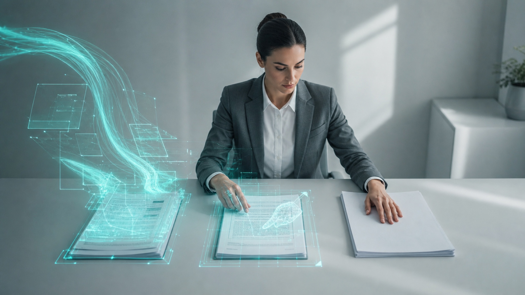 Three lanes of work on one desk: fully automated flowing into teal data-light, collaborative shared between leader and agent, and human-only kept under hand.