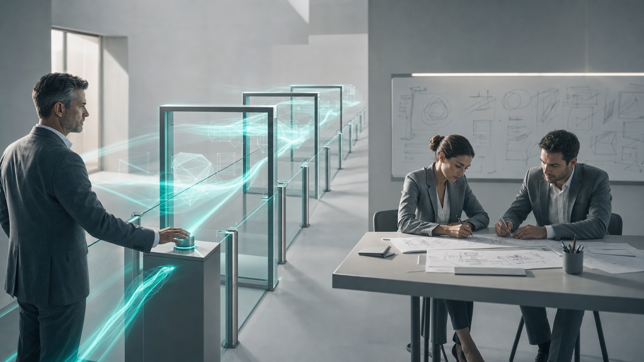 A teal data-stream passing through glass-and-steel guard gates while a leader holds the first gate's control and colleagues keep working by hand — governance plus kept skill.