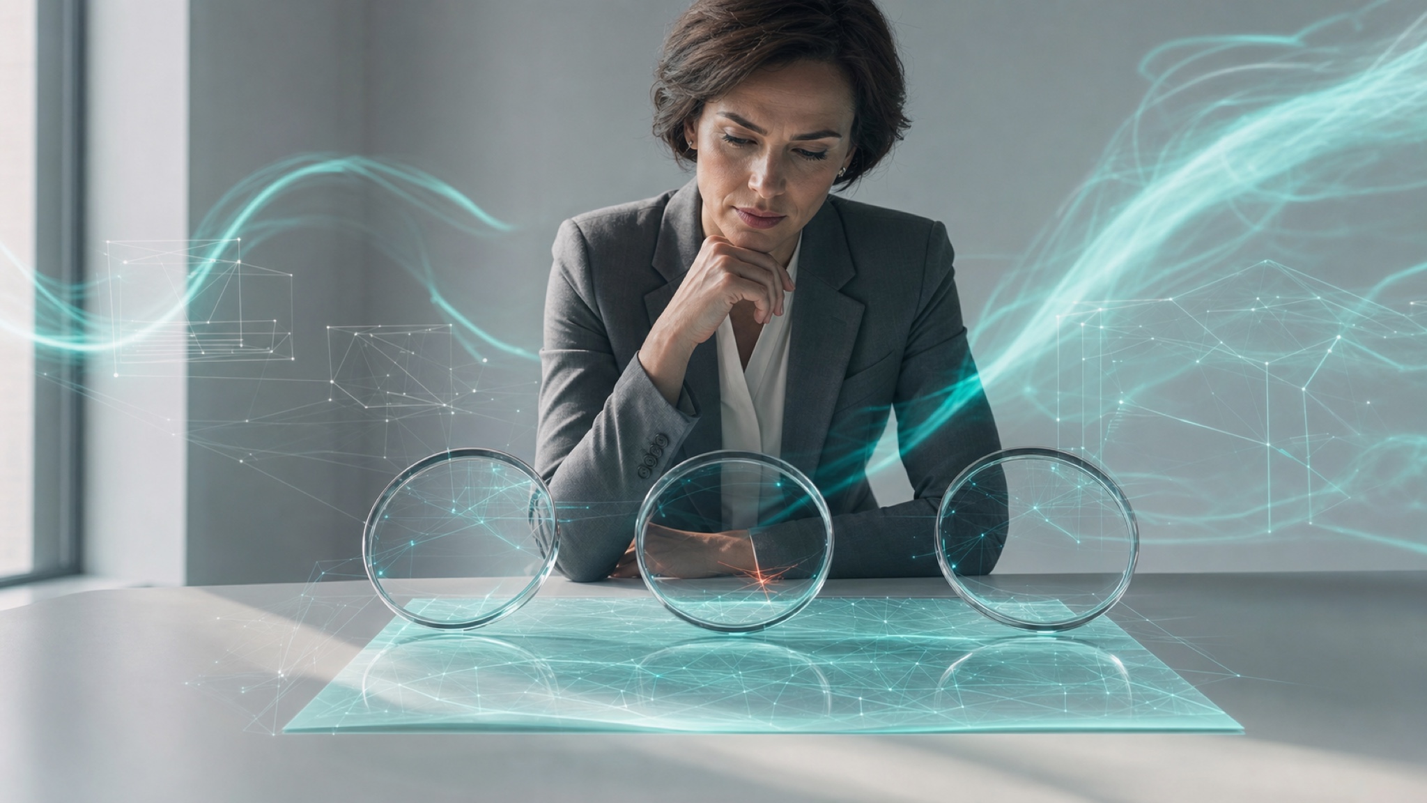 Three glass review lenses held over a polished teal-lit document, one revealing a hairline flaw — result, approach, and exchange inspected before sign-off.