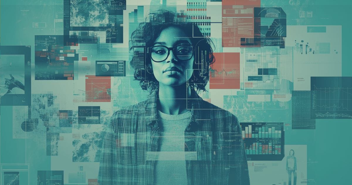 A blue marketing funnel stylised with dots and circles representing AI in marketing