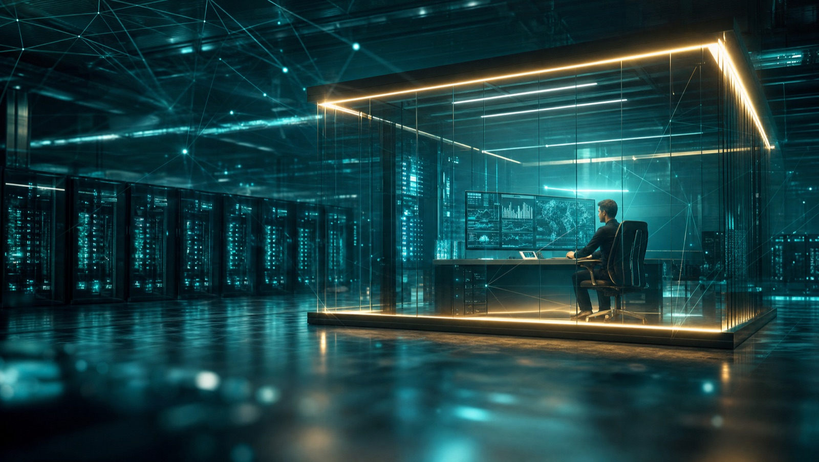 A single lit glass-walled room inside a vast, calm data hall, one figure working at a bright console inside the glass while the wider hall stays in shadow — a bounded, walled space where agent work happens safely inside a much larger estate.