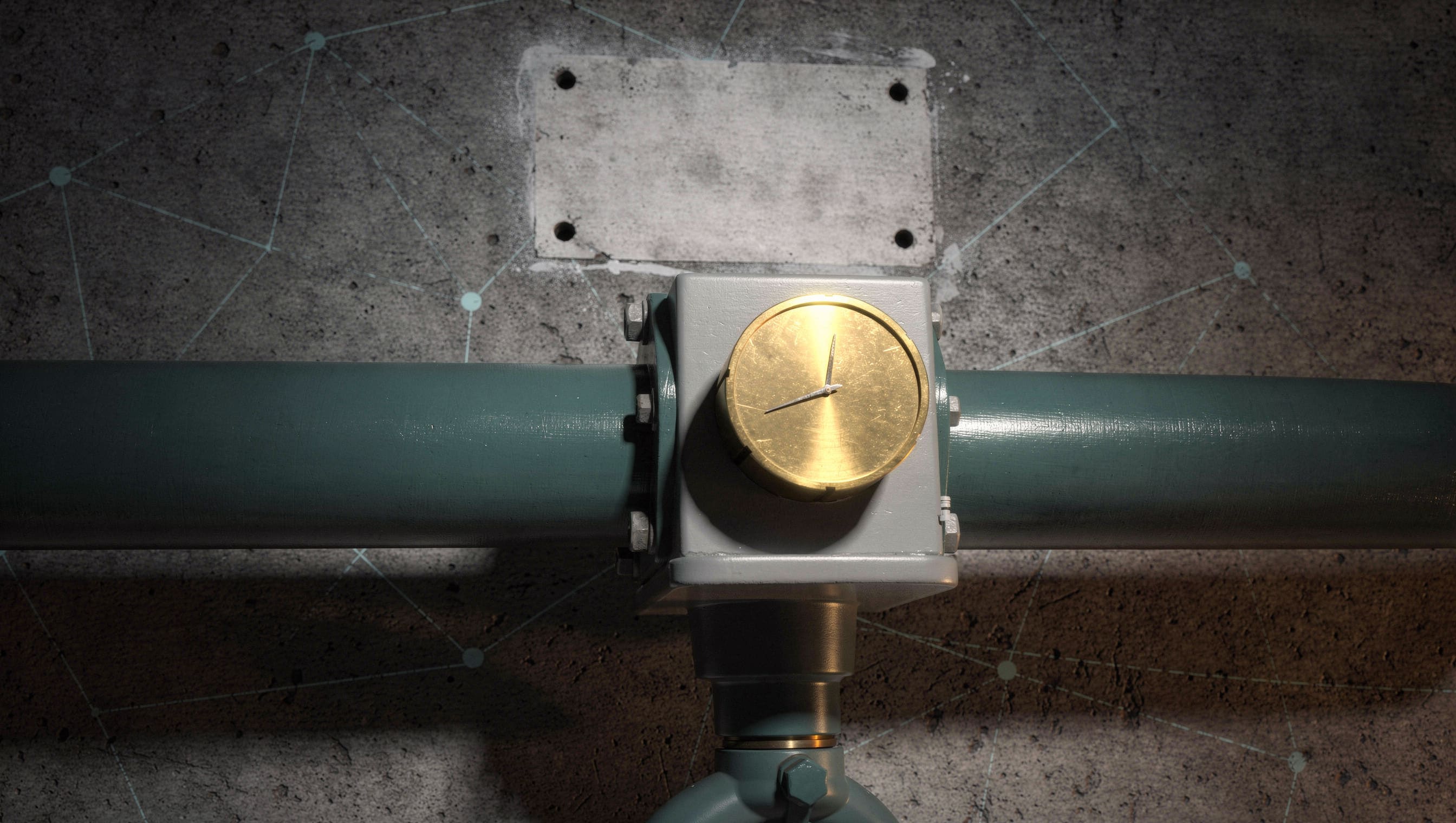 A dark utility pipeline in petrol and teal running the width of the frame, with a grey junction box mounted on the line carrying a brass meter face, and behind it on the concrete wall the pale rectangle and empty bolt holes where that meter used to hang.