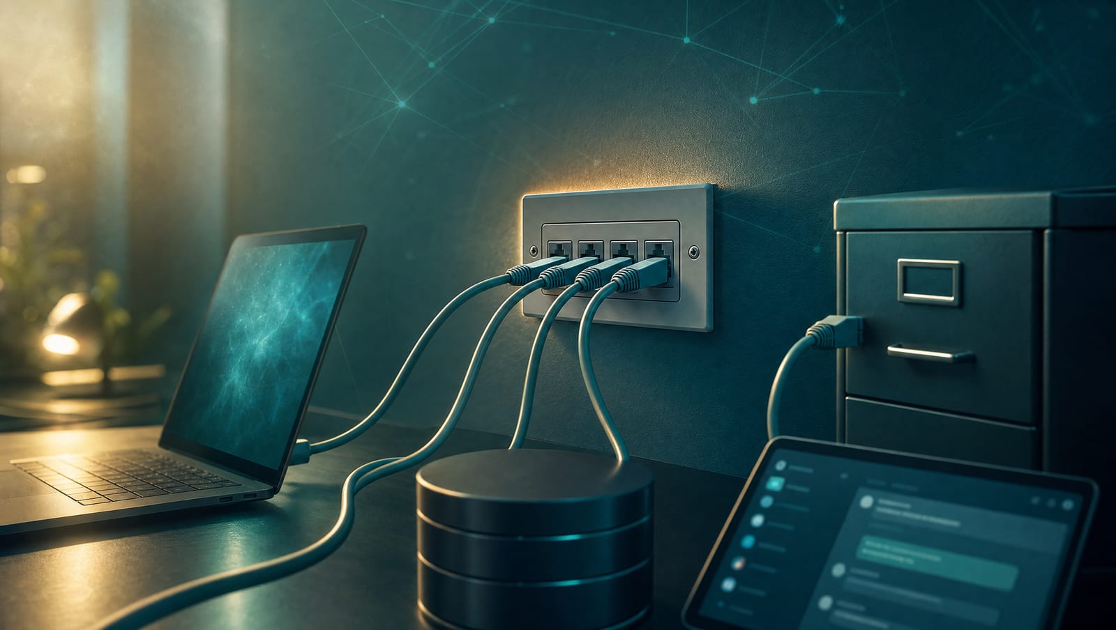 A laptop, a tablet showing a chat window, a stack of storage discs and a filing cabinet stand on a desk; a teal cable runs from each of them into the same four-port network socket on the petrol-dark wall. Warm lamplight from the left, faint constellation lines across the wall.
