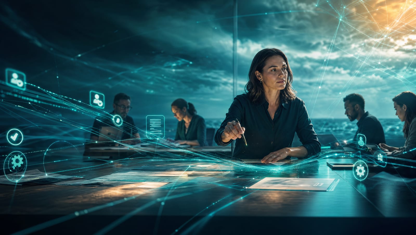 A long dark conference table in front of a window wall showing a storm-lit sea and a broken sky. A woman stands at the centre with a pen in her hand, looking off to one side, while four other people work further down the table on laptops and tablets among scattered papers. Teal filaments of light sweep across the tabletop from left to right, with icons floating among them: person badges, a checkmark, gears and a document.