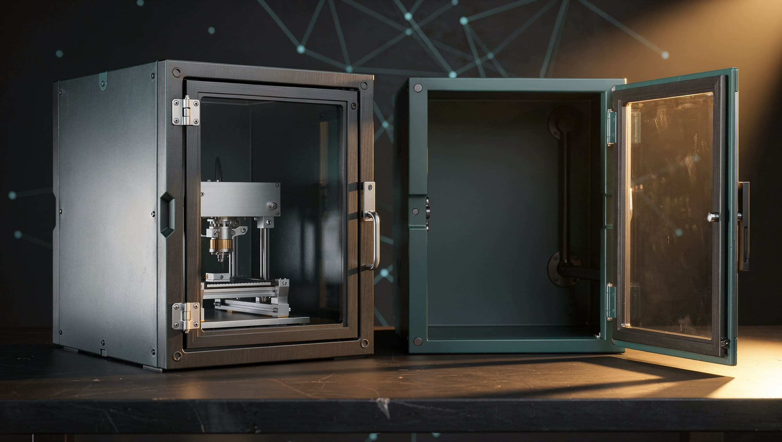 Two glass-fronted metal cabinets stand on a dark workbench. The left one is shut and latched; inside it a small machine works alone, a drill-like head on polished rails above a sliding bed. The right one, in deep green, is swung wide open and empty, a single slim conduit running out through its back wall.