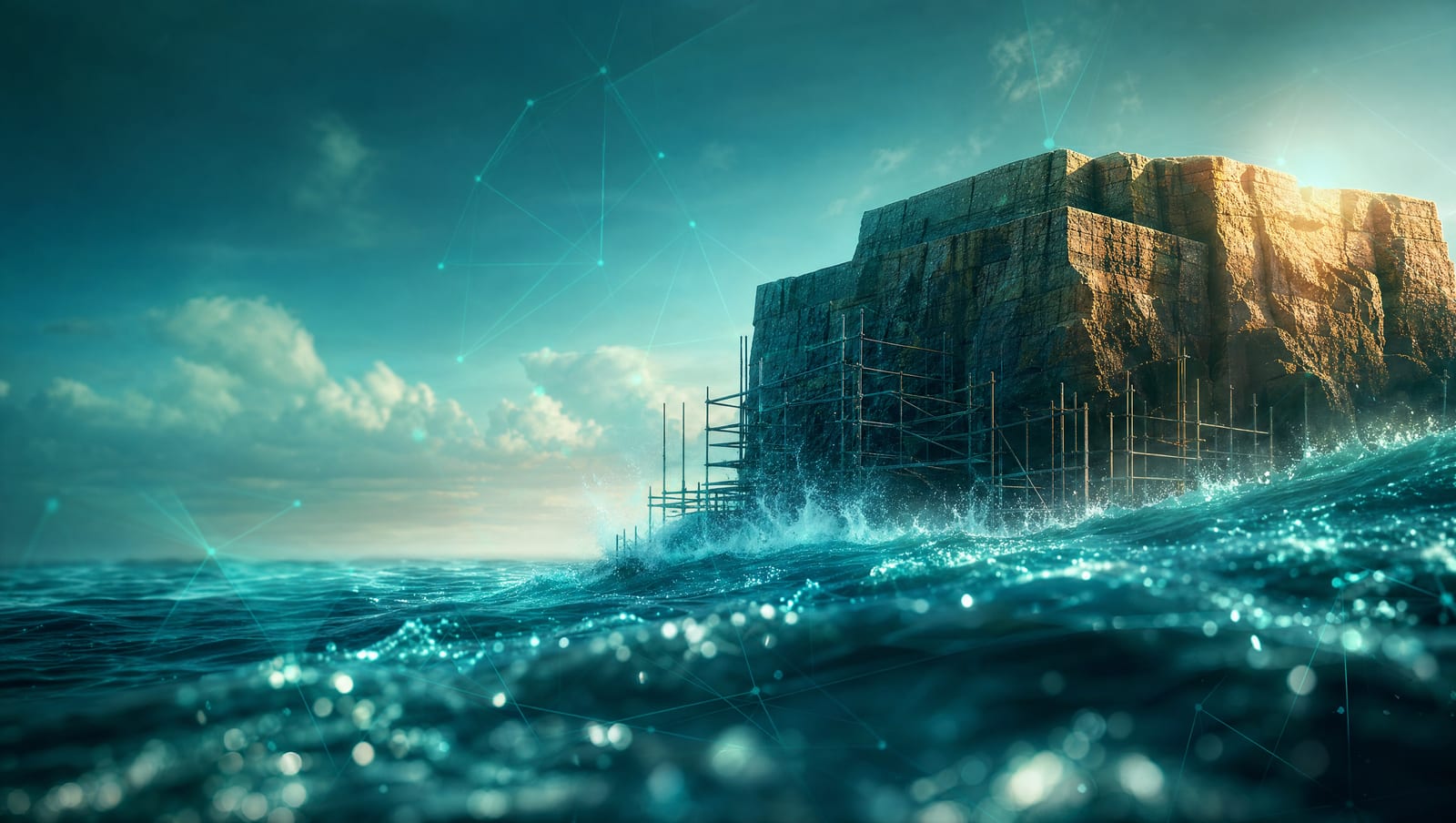 A rock plateau rises out of the open sea, a scaffold of thin poles standing against its flank with the surf breaking over it. Teal water flecked with light to the horizon, faint constellation lines in the sky and water, warm sunlight from the right.