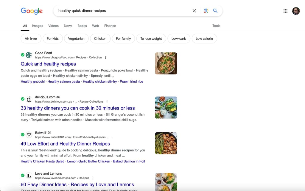 Google search results for a recipe query, showing the traditional link-list research experience